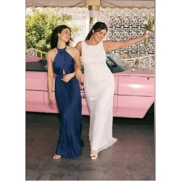 Lulus Glamourous Ever After White Sequin Beaded Backless Maxi Dress Size S