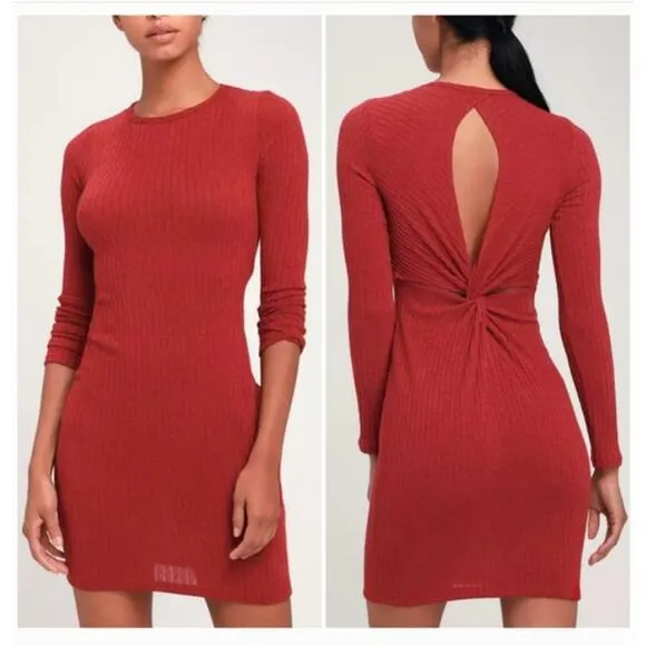 Lulus | Long Sleeve Ribbed Sweater Dress Rust Red