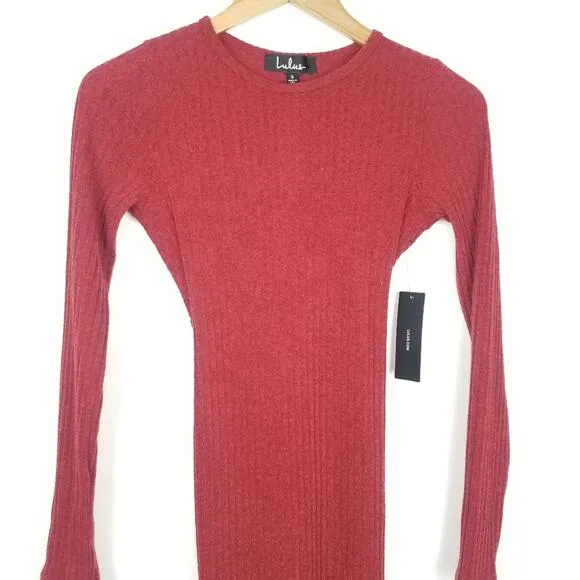 Lulus | Long Sleeve Ribbed Sweater Dress Rust Red