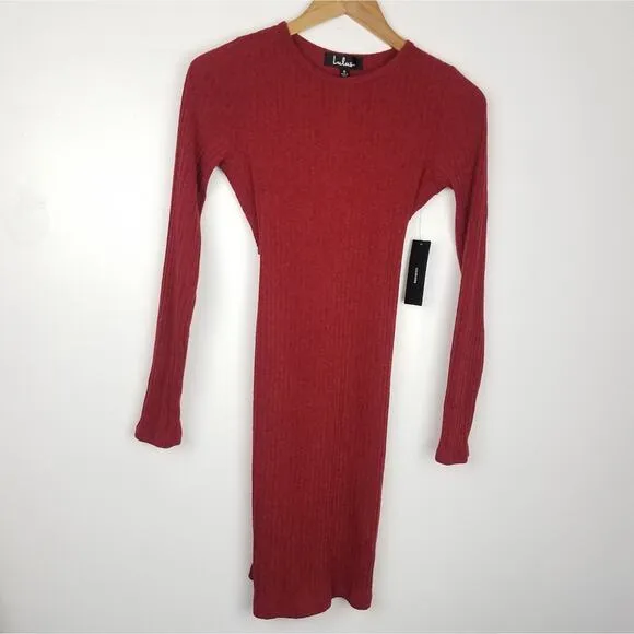 Lulus | Long Sleeve Ribbed Sweater Dress Rust Red