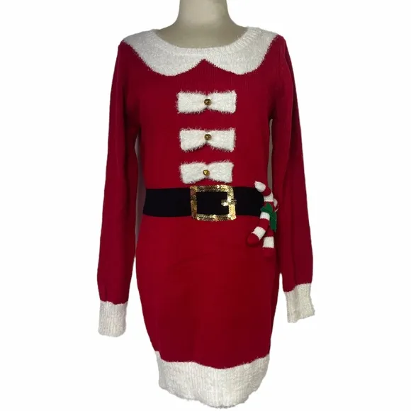 Luxury Christmas Sweater Dress Holiday Santa Red White Black Gold Size Medium