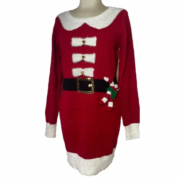 Luxury Christmas Sweater Dress Holiday Santa Red White Black Gold Size Medium