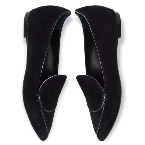 M. Gemi Pointed Toe Flats Size 37/7 Black Suede Leather Silver Trim Classic