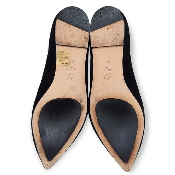 M. Gemi Pointed Toe Flats Size 37/7 Black Suede Leather Silver Trim Classic