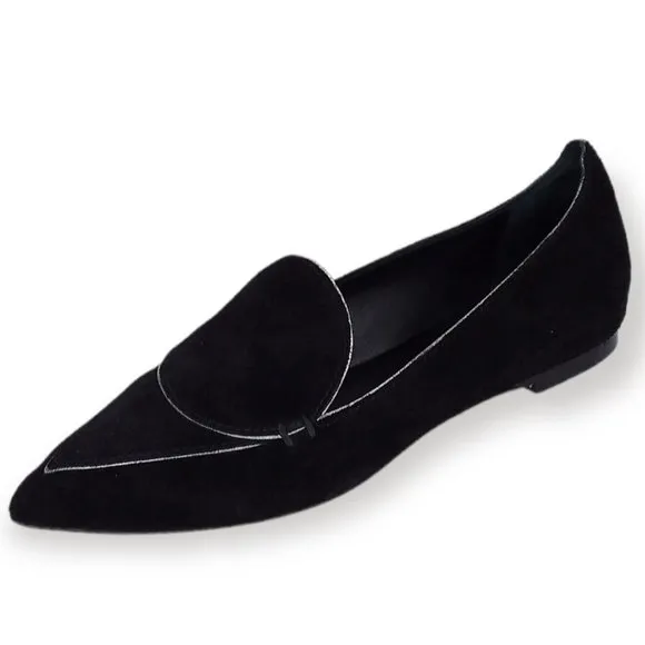 M. Gemi Pointed Toe Flats Size 37/7 Black Suede Leather Silver Trim Classic