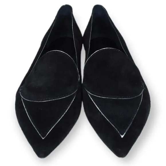 M. Gemi Pointed Toe Flats Size 37/7 Black Suede Leather Silver Trim Classic