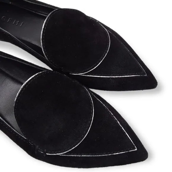M. Gemi Pointed Toe Flats Size 37/7 Black Suede Leather Silver Trim Classic