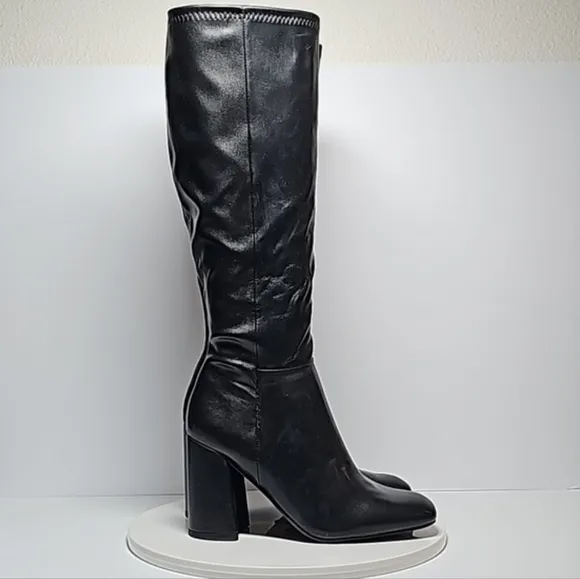 Madden Girl Winslow Boots Knee High Block Square Toe Heel Pull-On Vegan Black 7