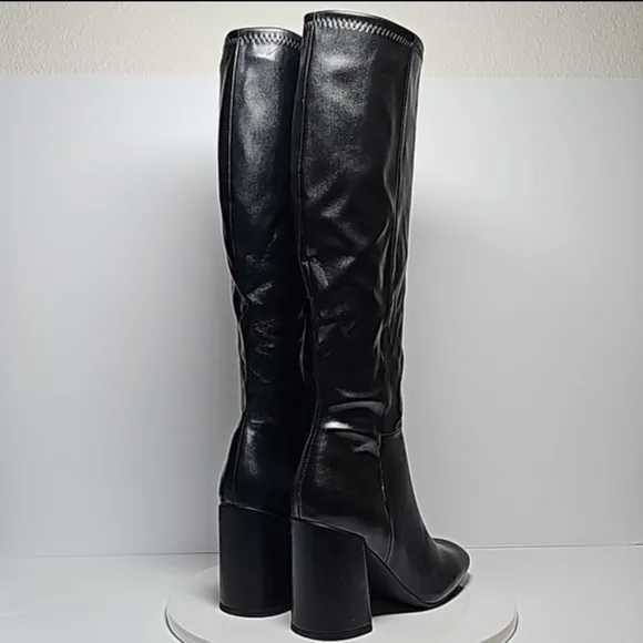 Madden Girl Winslow Boots Knee High Block Square Toe Heel Pull-On Vegan Black 7