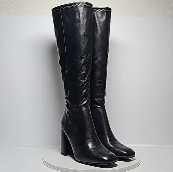 Madden Girl Winslow Boots Knee High Block Square Toe Heel Pull-On Vegan Black 7