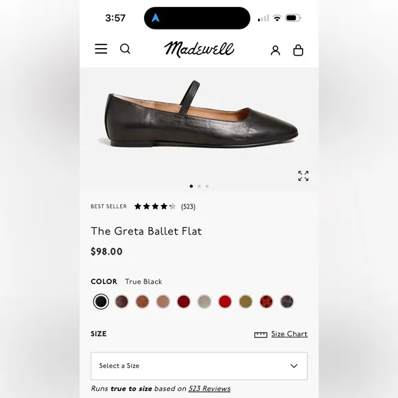 Madewell Black Leather Greta Ballet Flat Shoes Women's Size 8