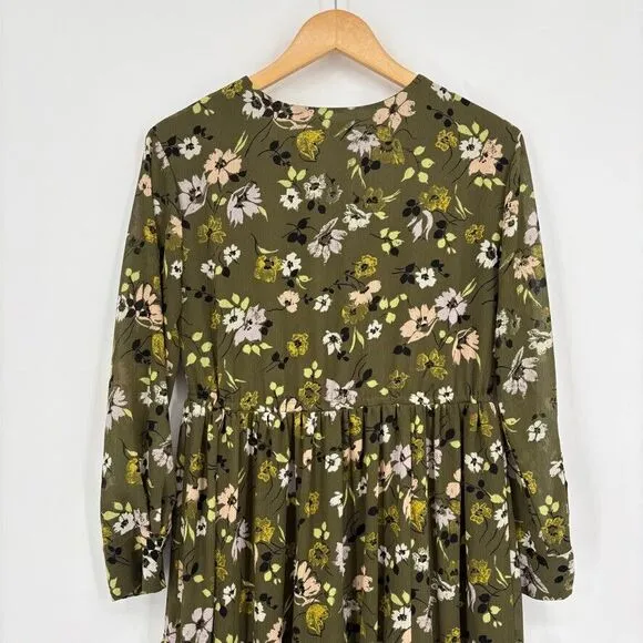 Madewell Cinch-Waist Tiered Midi Dress in Wildblooms Sz XS Green Peasant Boho