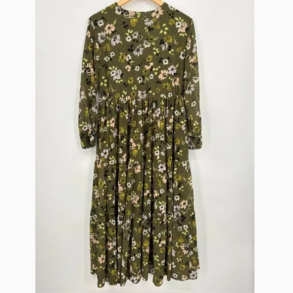 Madewell Cinch-Waist Tiered Midi Dress in Wildblooms Sz XS Green Peasant Boho