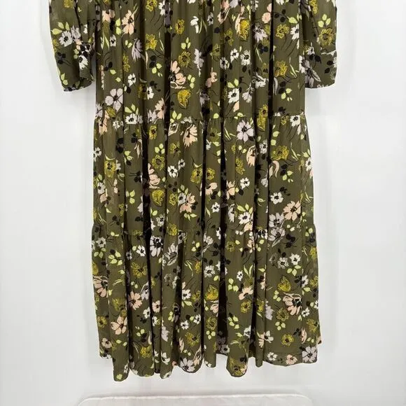 Madewell Cinch-Waist Tiered Midi Dress in Wildblooms Sz XS Green Peasant Boho