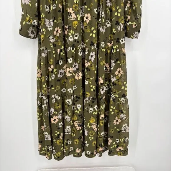Madewell Cinch-Waist Tiered Midi Dress in Wildblooms Sz XS Green Peasant Boho