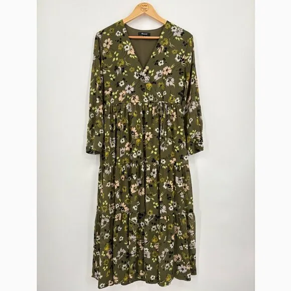 Madewell Cinch-Waist Tiered Midi Dress in Wildblooms Sz XS Green Peasant Boho