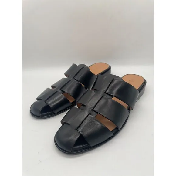 Madewell The Dixson Fisherman Mule Flats True Black Leather Sz 9 $128 NK034