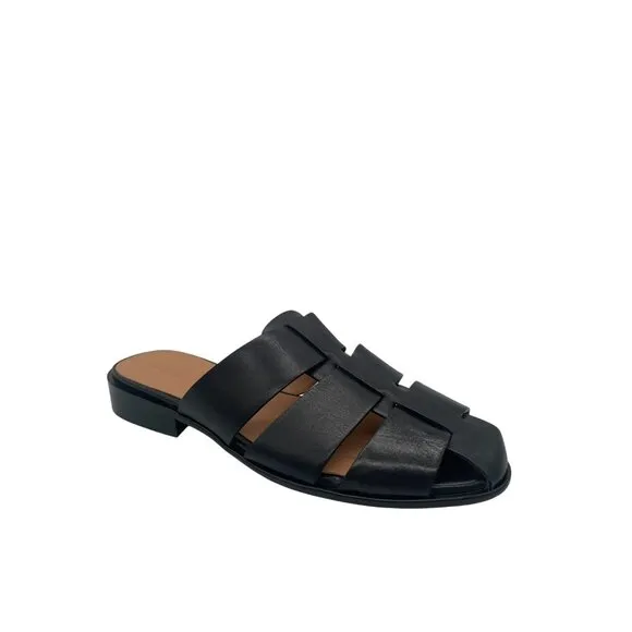 Madewell The Dixson Fisherman Mule Flats True Black Leather Sz 9 $128 NK034