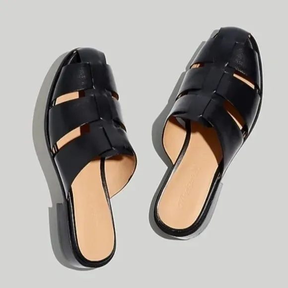 Madewell The Dixson Fisherman Mule Flats True Black Leather Sz 9 $128 NK034