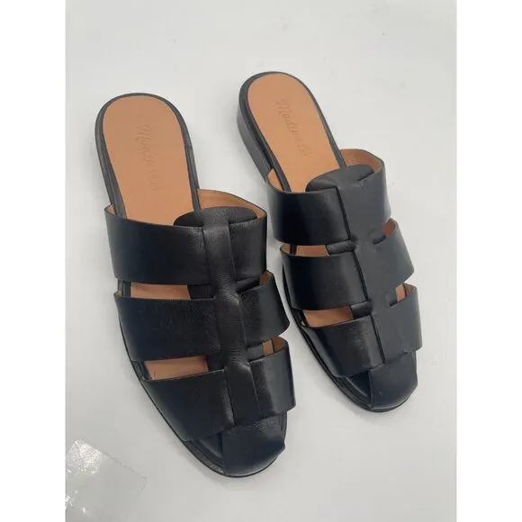 Madewell The Dixson Fisherman Mule Flats True Black Leather Sz 9 $128 NK034
