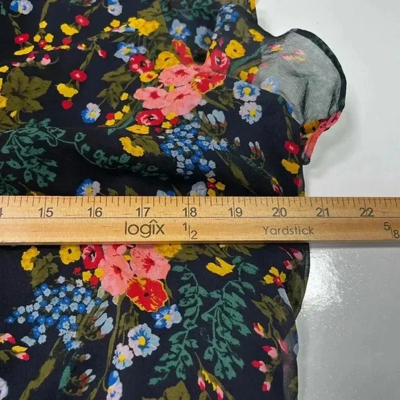 Madewell x No 6 Floral Dress Smocked Ruffle Black Short Sleeve Size 12 Keyhole