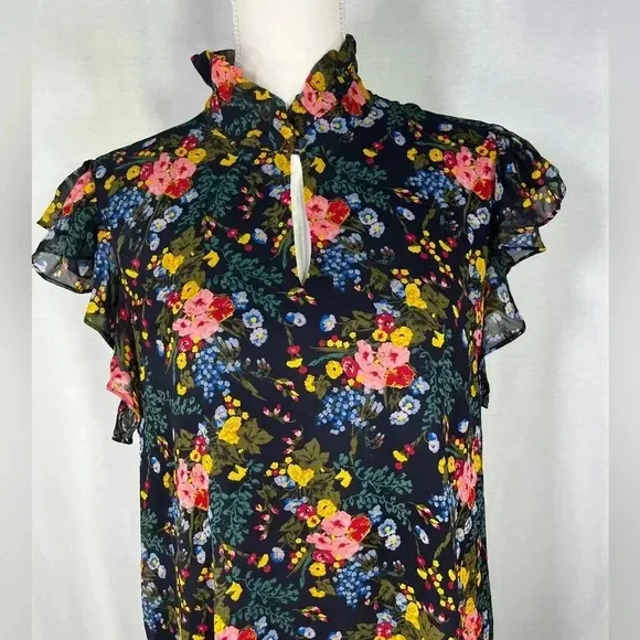 Madewell x No 6 Floral Dress Smocked Ruffle Black Short Sleeve Size 12 Keyhole