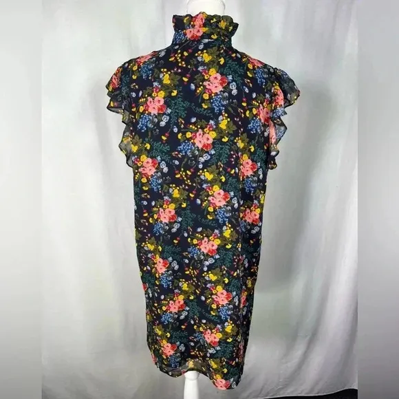 Madewell x No 6 Floral Dress Smocked Ruffle Black Short Sleeve Size 12 Keyhole