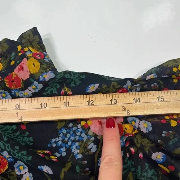 Madewell x No 6 Floral Dress Smocked Ruffle Black Short Sleeve Size 12 Keyhole
