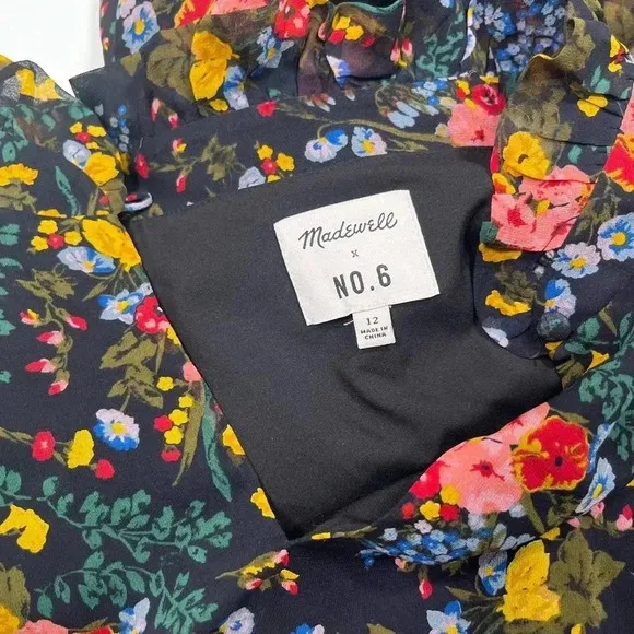 Madewell x No 6 Floral Dress Smocked Ruffle Black Short Sleeve Size 12 Keyhole