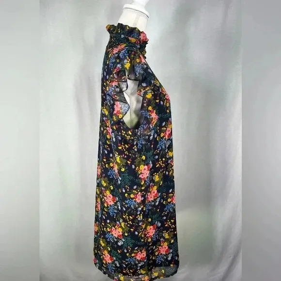 Madewell x No 6 Floral Dress Smocked Ruffle Black Short Sleeve Size 12 Keyhole