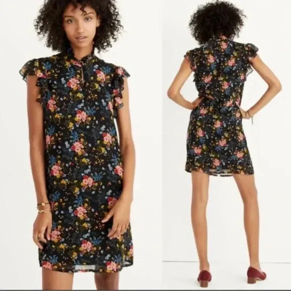 Madewell x No 6 Floral Dress Smocked Ruffle Black Short Sleeve Size 12 Keyhole