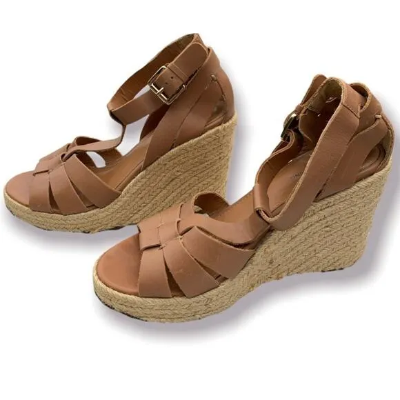 Madison Harding Espadrille Brown Leather Wedges Size 6