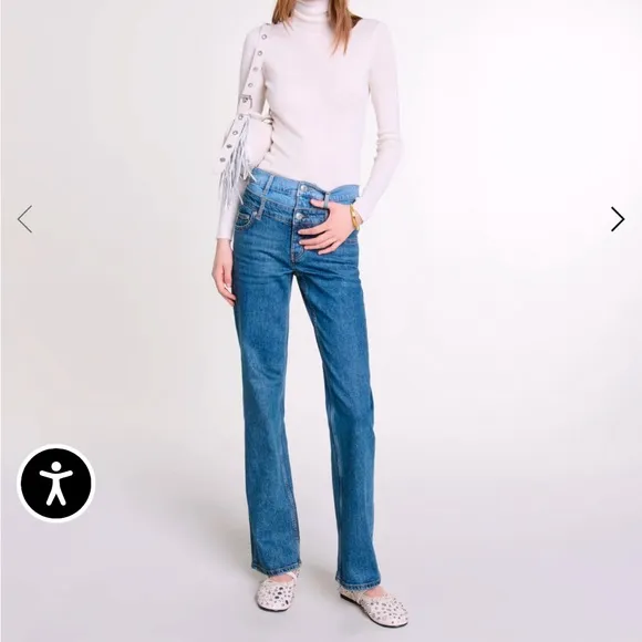 Maje Blue Straight Leg Jeans with Leather Patch