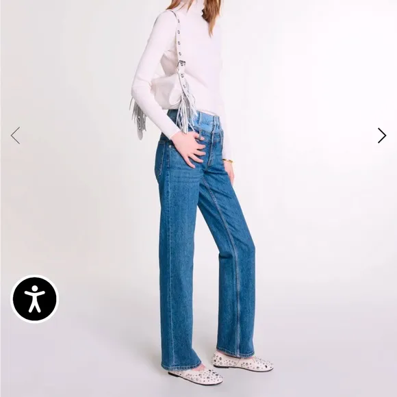Maje Blue Straight Leg Jeans with Leather Patch