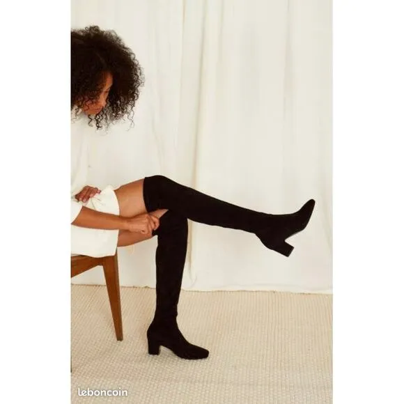 Maje Fuisy Black Suede Over the Knee Block Heel Almond Toe Boots Sz 39 8.5 $650
