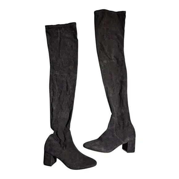 Maje Fuisy Black Suede Over the Knee Block Heel Almond Toe Boots Sz 39 8.5 $650