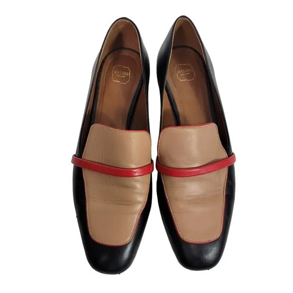 Malone Souliers Jane Flats Black ColorBlock Leather Shoe Slip On Loafer Size 7.5