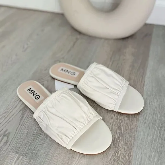 Mango Genuine Leather Flats Ruched Gathered