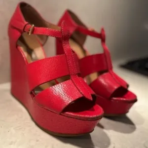 Marc by Marc Jacobs Red Leather Wedge Sandals – Bold &amp; Chic – Size 38.5