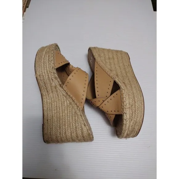 Marc Fisher Angelina Women's Tan Studded Espadrille Wedge Platform Size 7.5