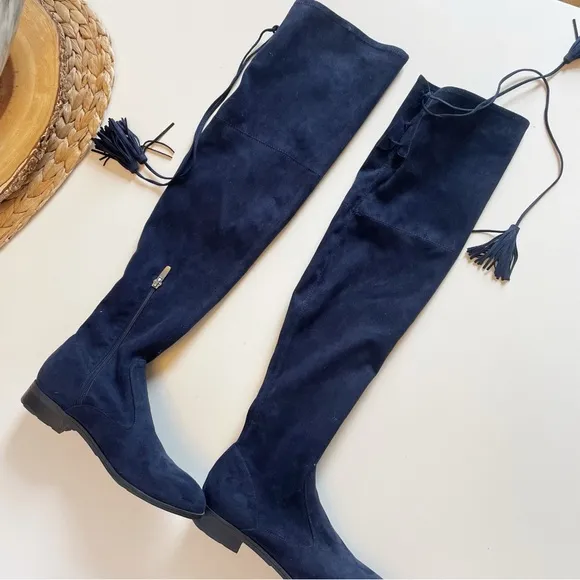Marc Fisher Blue Suede Over The Knee Flat Boots 7.5