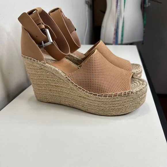 Marc Fisher Cute Tan Adalyne Platform Leather Open Toe Espadrille Wedges 7.5