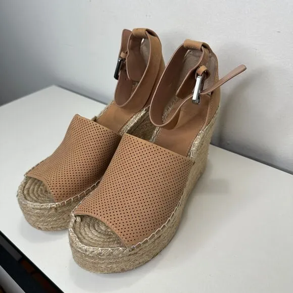 Marc Fisher Cute Tan Adalyne Platform Leather Open Toe Espadrille Wedges 7.5