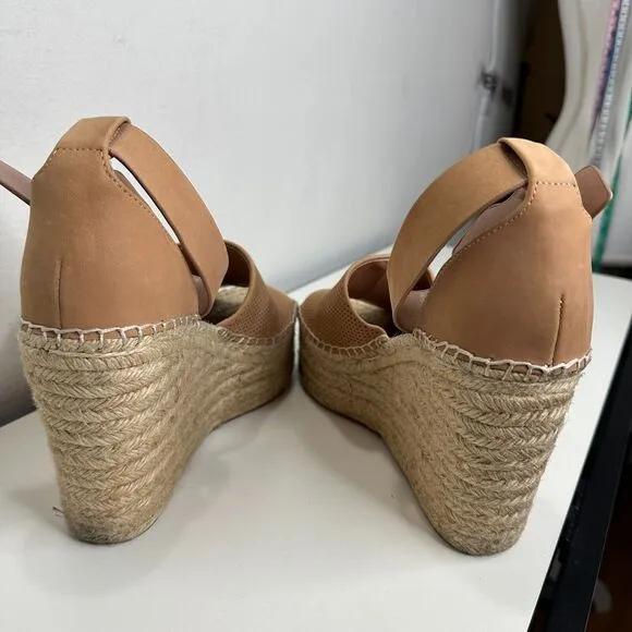 Marc Fisher Cute Tan Adalyne Platform Leather Open Toe Espadrille Wedges 7.5