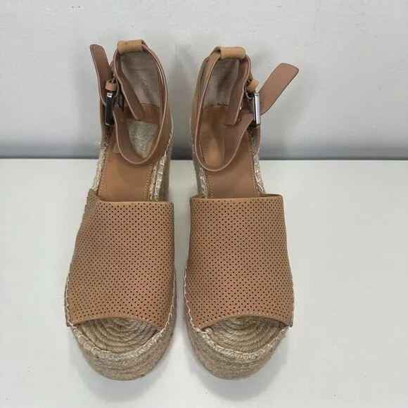 Marc Fisher Cute Tan Adalyne Platform Leather Open Toe Espadrille Wedges 7.5