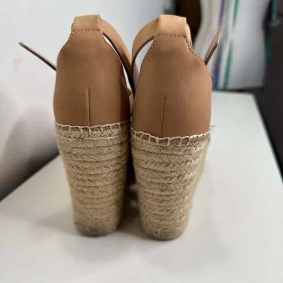 Marc Fisher Cute Tan Adalyne Platform Leather Open Toe Espadrille Wedges 7.5
