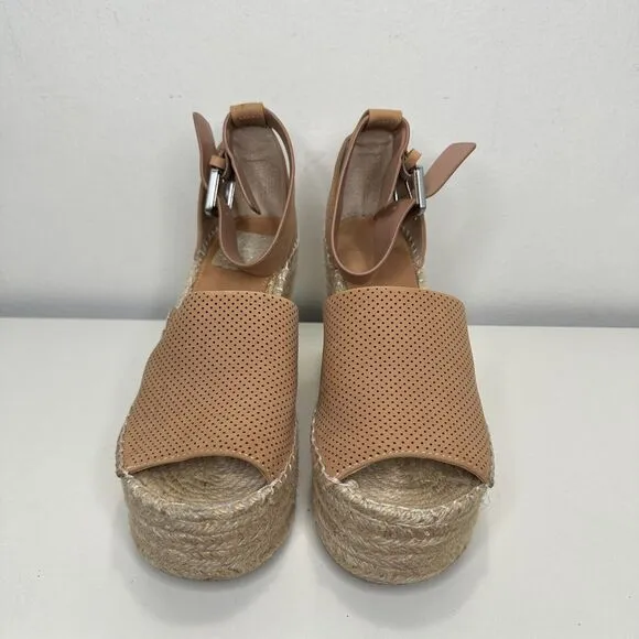 Marc Fisher Cute Tan Adalyne Platform Leather Open Toe Espadrille Wedges 7.5
