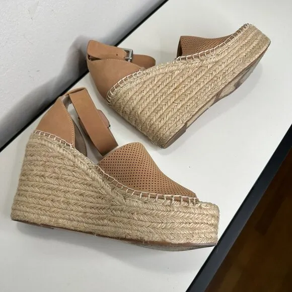 Marc Fisher Cute Tan Adalyne Platform Leather Open Toe Espadrille Wedges 7.5