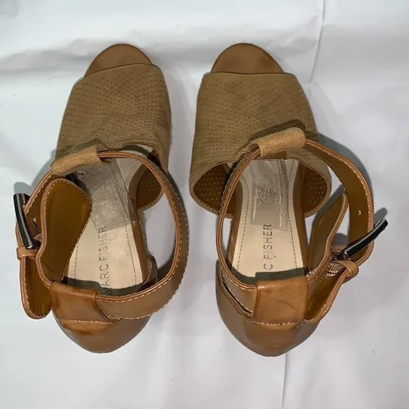 MARC Fisher Hiro2-C Tan Perforated Ankle Strap Espadrille Wedges Size 7M
