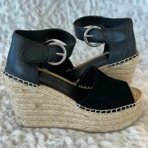 Marc Fisher LTD Alida Espadrille Wedge Black Tan Leather Suede Wedge✨EUC✨ size 7